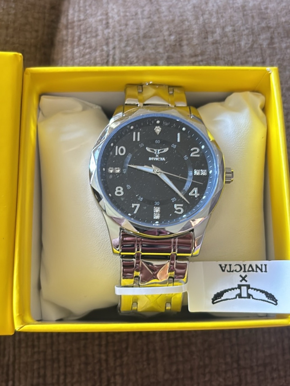 Invicta Silver Watch with Black Dial and Crystal Accents